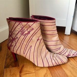 Salvatore Ferragamo Calf Hair Tan and Magenta Sentiment Booties